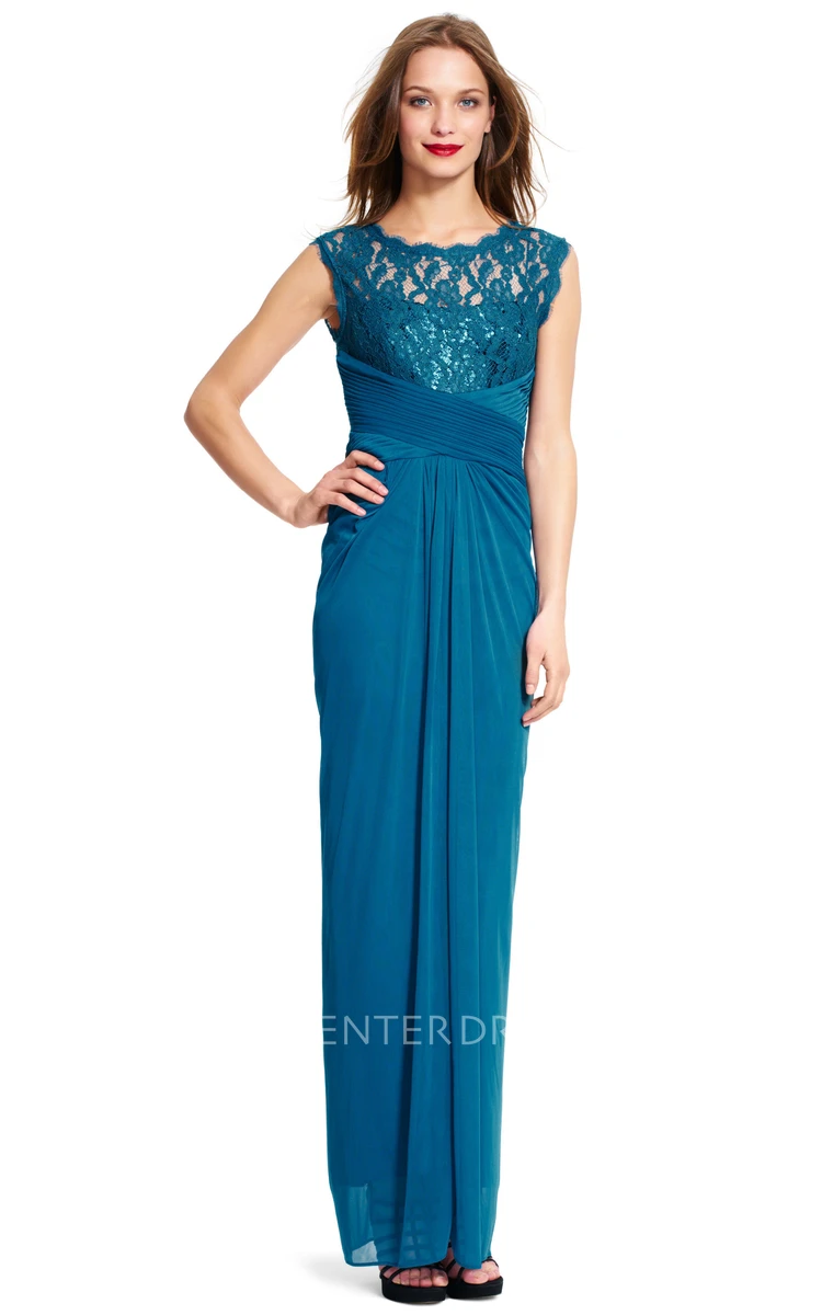 Pencil Scoop-Neck Sleeveless Ruched Chiffon Bridesmaid Dress With Lace And Zipper