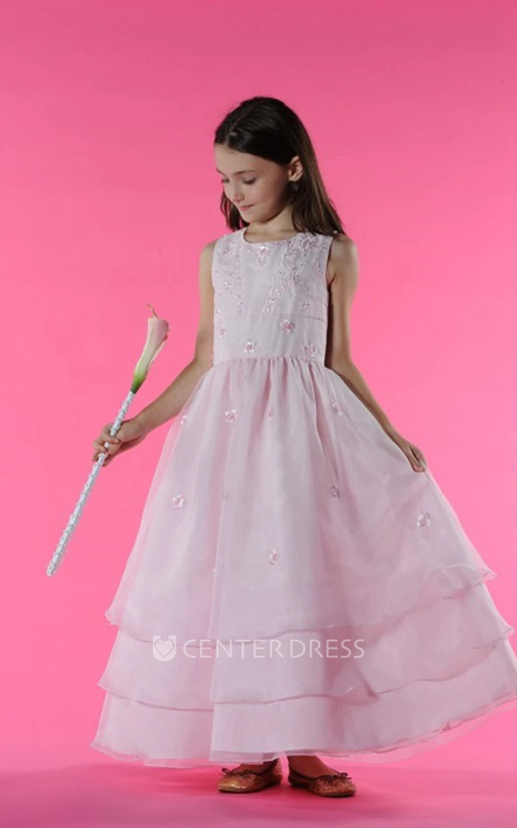 Flower Girl Scoop Neck A-line Layered Tulle Long Dress With Embroidery