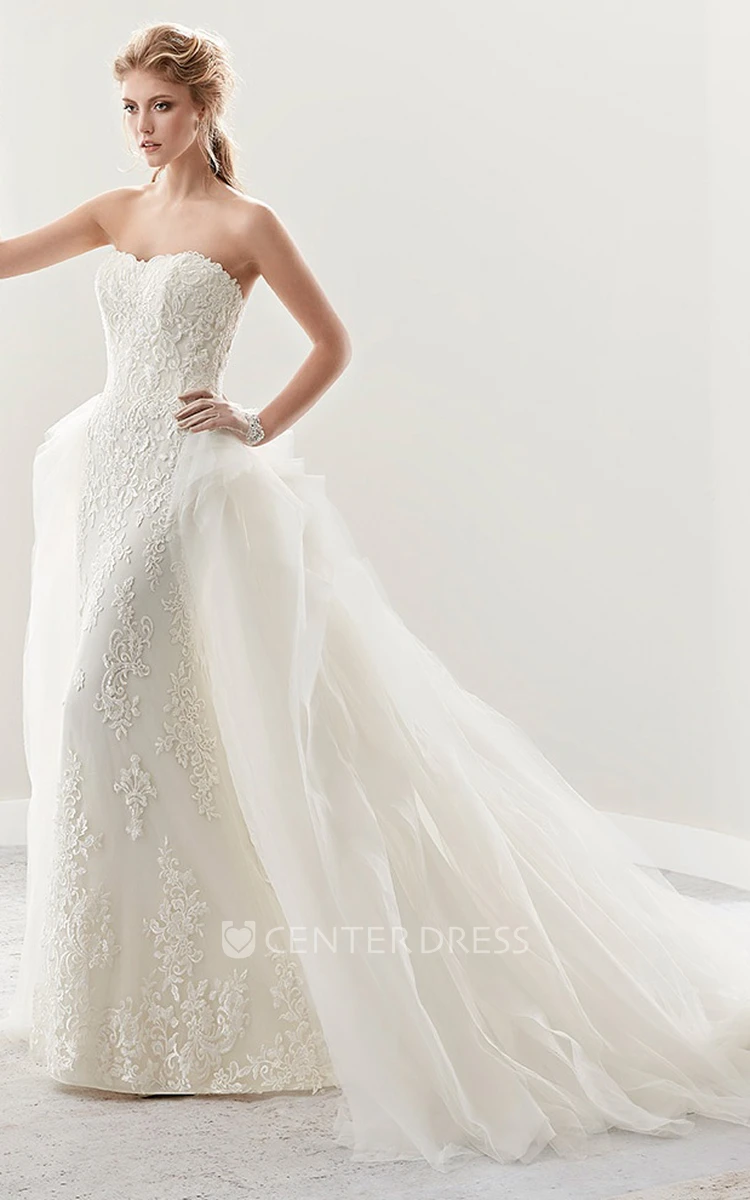 Strapless Sheath Lace Bridal Gown With Ruffles Brush Train