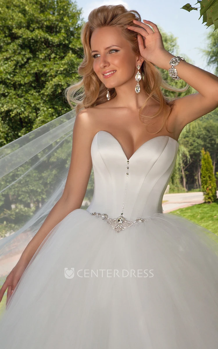 Long Sweetheart Jeweled Tulle Wedding Dress With Chapel Train And Corset Back