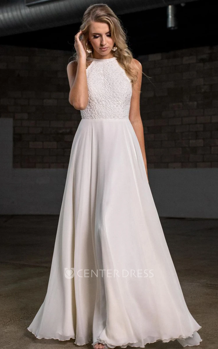 Sexy Sleeveless Open Back Lace Chiffon Halter A Line Floor-length Wedding Dress