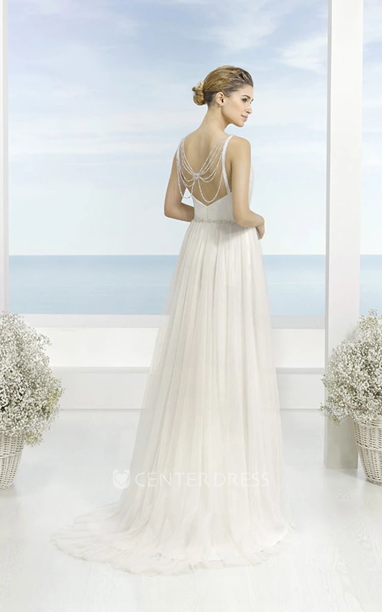 A-Line Long V-Neck Sleeveless Ruched Tulle Wedding Dress With Waist Jewellery And Low-V Back