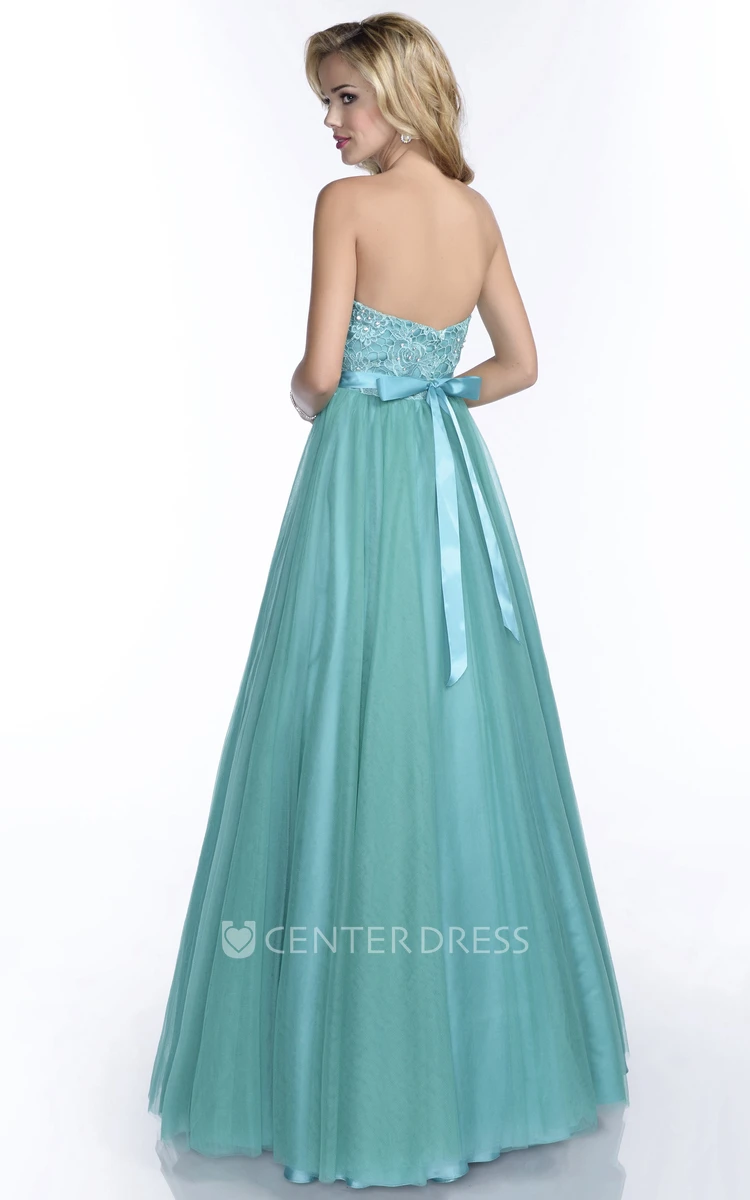 A-Line Tulle Long Prom Dress With Lace Bodice And Beaded Waist