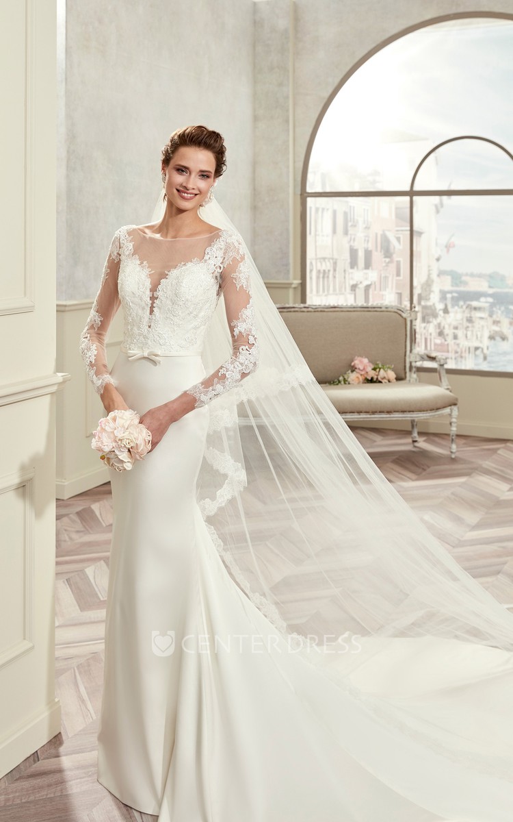 Long sleeve lace wedding sales dress with satin skirt