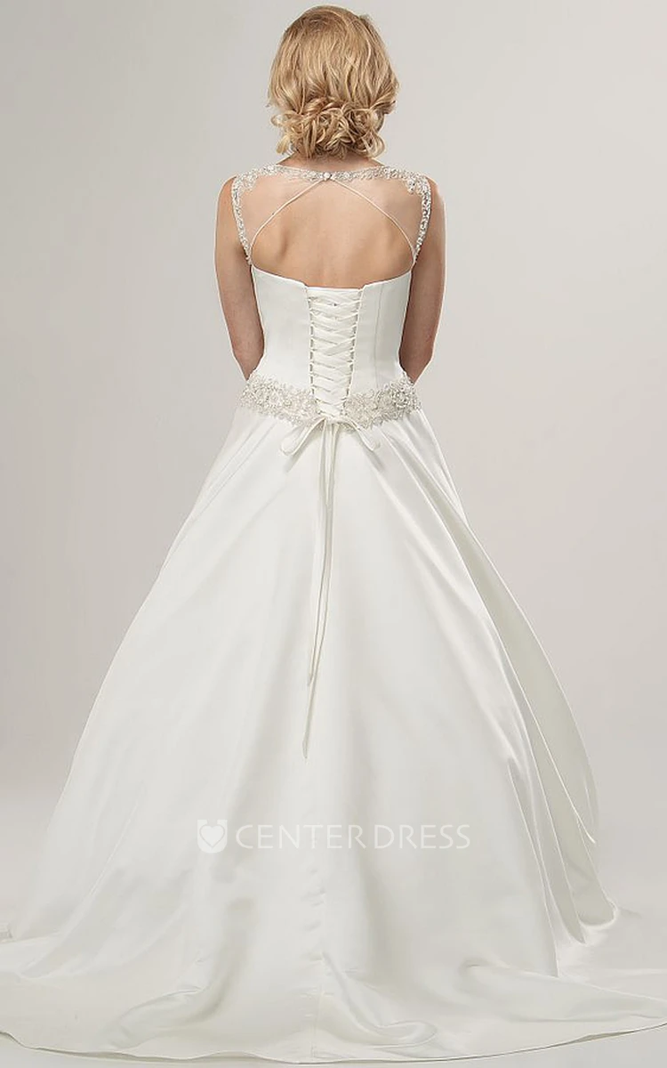 A-Line Scoop-Neck Beaded Sleeveless Floor-Length Satin Wedding Dress With Waist Jewellery