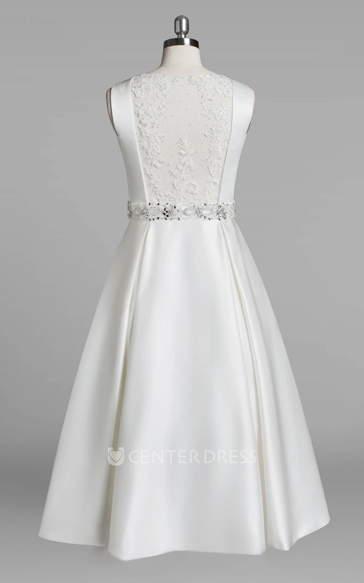 Jewel Neck Sleeveless A-Line Tea-Length Satin Wedding Dress With Beading