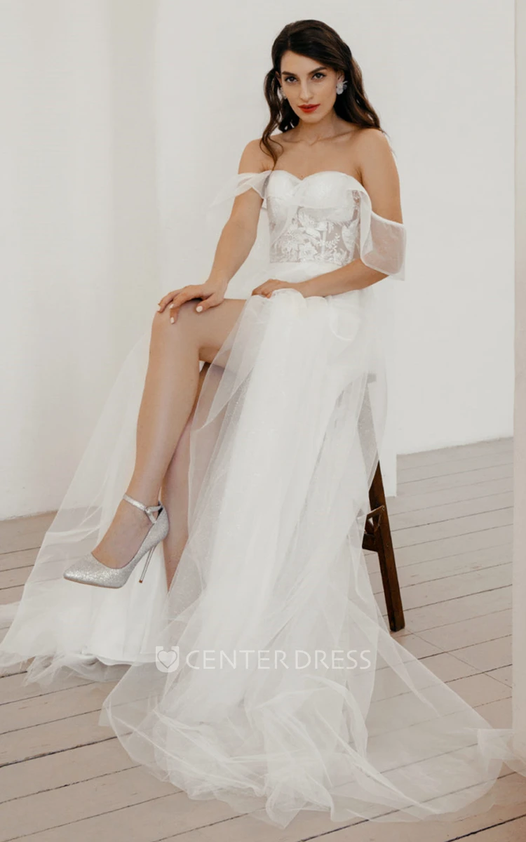 Simple Sweetheart A Line Sweep Train Wedding Dress with Split Front