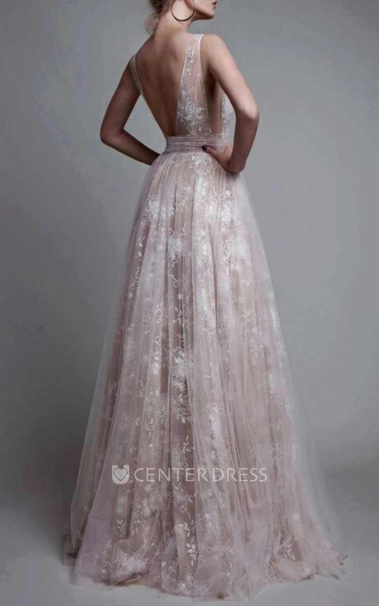 Lace Tulle A-Line Garden Prom Dress with Deep-V Back Classy & Appliques