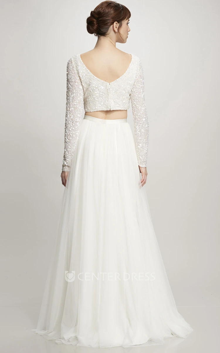 A-Line Long-Sleeve High Neck Floor-Length Tulle Wedding Dress With Sequins And V Back