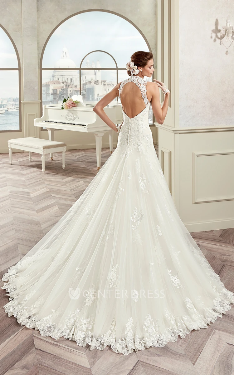 High-Neck Sheath Lace Bridal Gown With Illusive Design And Open Back