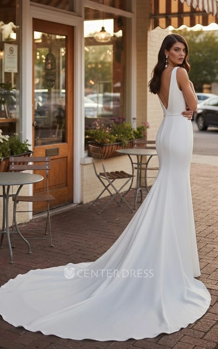 Modern Satin Wedding Dress Sleeveless Plunging V Neck Bridal Gown