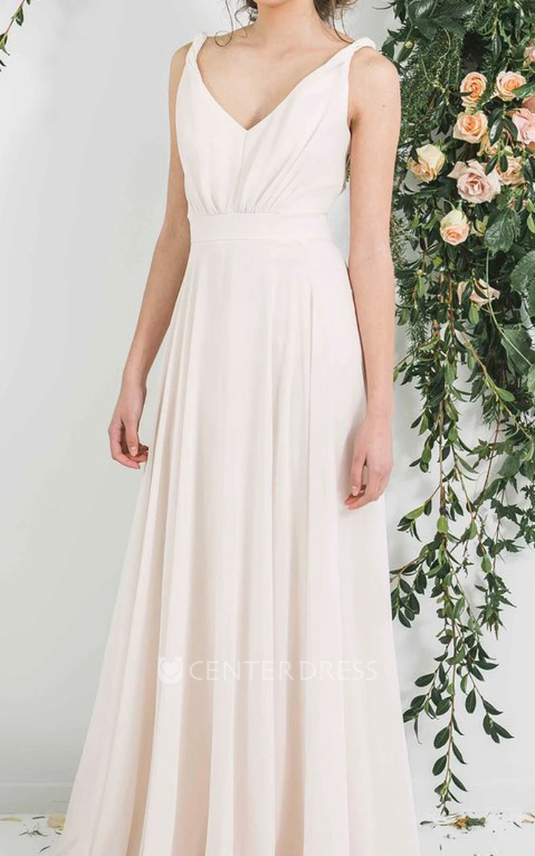 Floor-Length Sleeveless Pleated V-Neck Chiffon Bridesmaid Dress