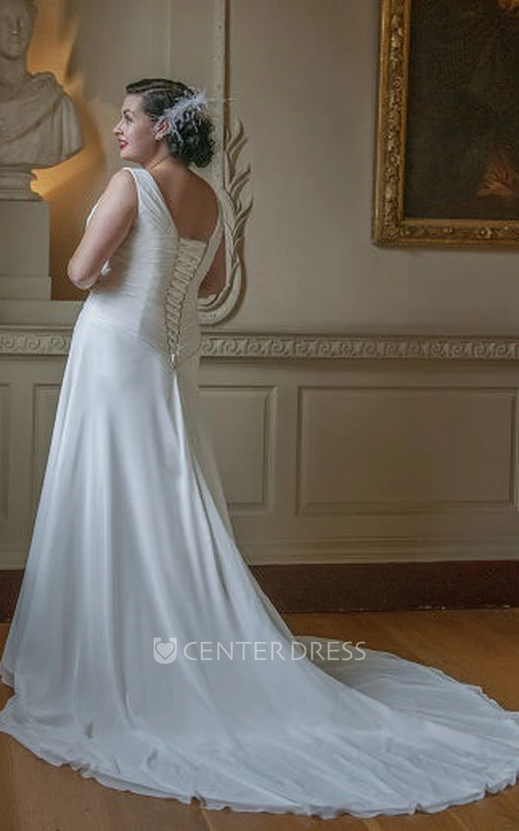V Neck Sleeveless A-Line Bridal Gown With Lace Up And Train