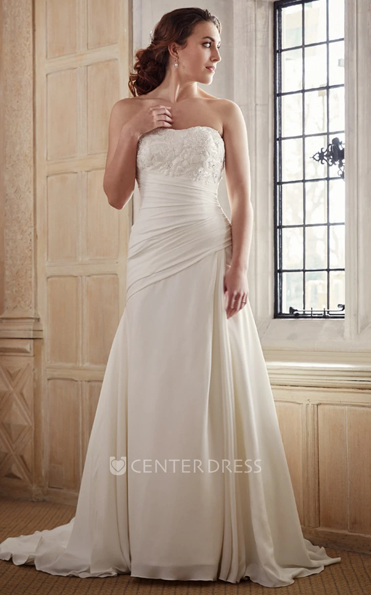 Long Strapless Appliqued Chiffon Wedding Dress With Court Train
