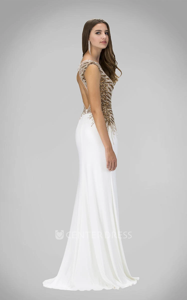 Sheath Maxi Scoop-Neck Sleeveless Jersey Keyhole Dress With Sequins And Pleats