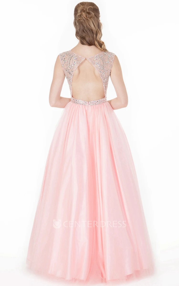 A-Line Beaded Sleeveless Scoop-Neck Floor-Length Tulle&Satin Prom Dress