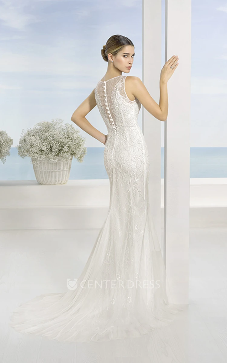 Sheath Appliqued Floor-Length Bateau Sleeveless Lace Wedding Dress With Sweep Train And Illusion Back