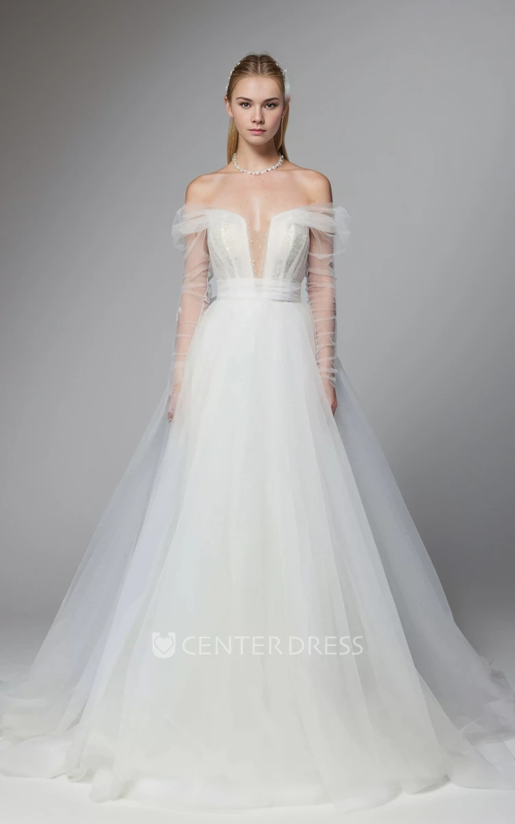 Plunging Neckline Off-the-shoulder A-Line Tulle Bridal Dress Floor-length Low-V Back Wedding Gown