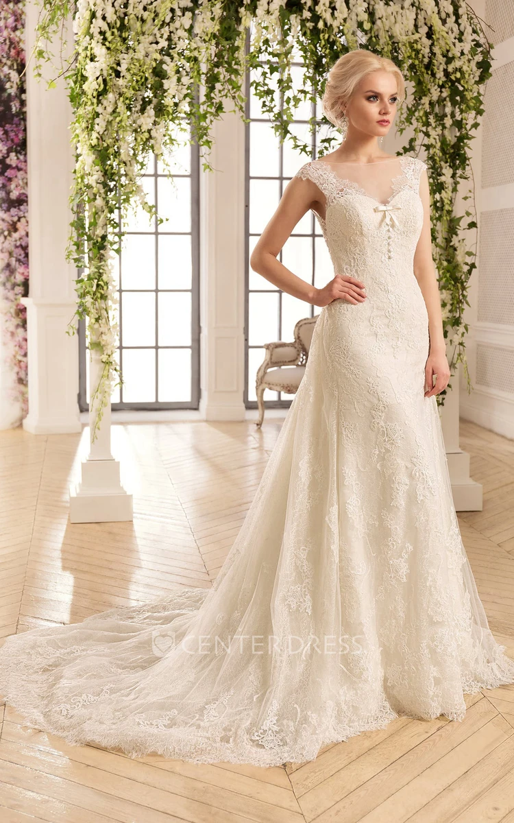 A-Line Long Bateau Cap-Sleeve Backless Lace Dress With Appliques And Pleats