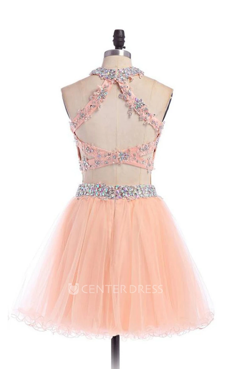 A-line Short High Neck Tulle Dress with Beadings
