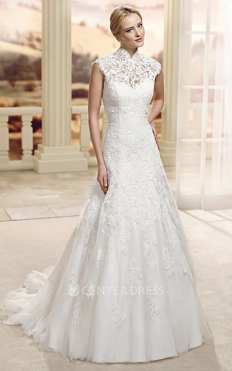 A-Line Sleeveless Appliqued High-Neck Floor-Length Lace Wedding Dress