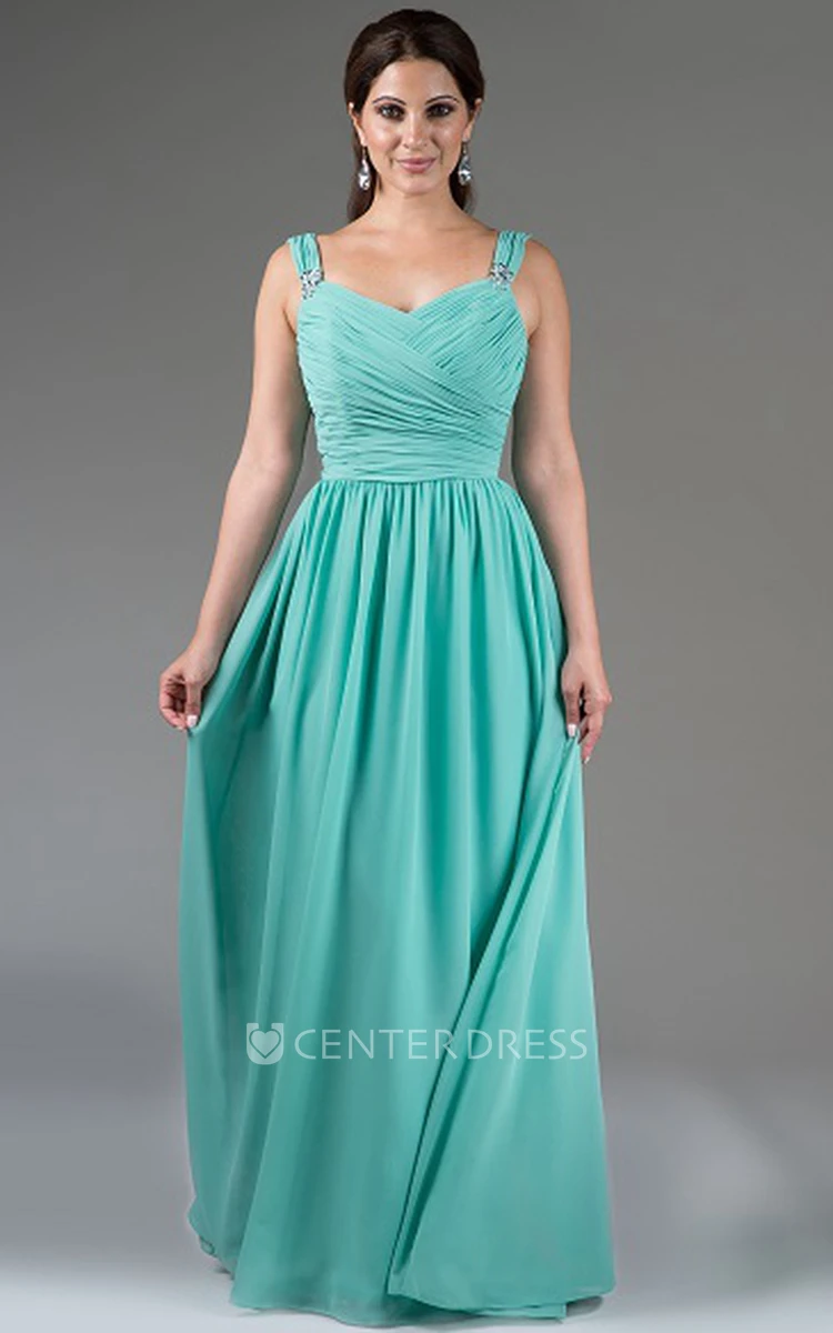 Pleated A-Line Chiffon Long Bridesmaid Dress With Sequin Detailed Straps