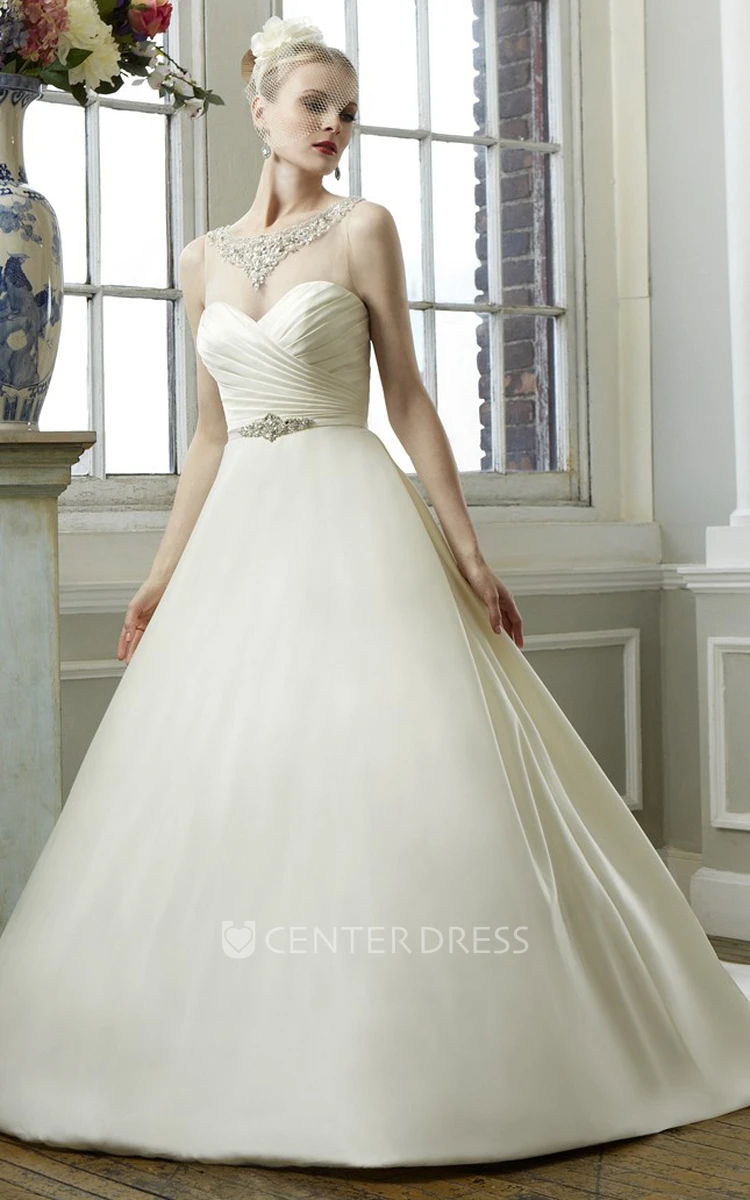 Ball Gown Sleeveless Scoop-Neck Criss-Cross Satin&Tulle Wedding Dress With Beading And Waist Jewellery