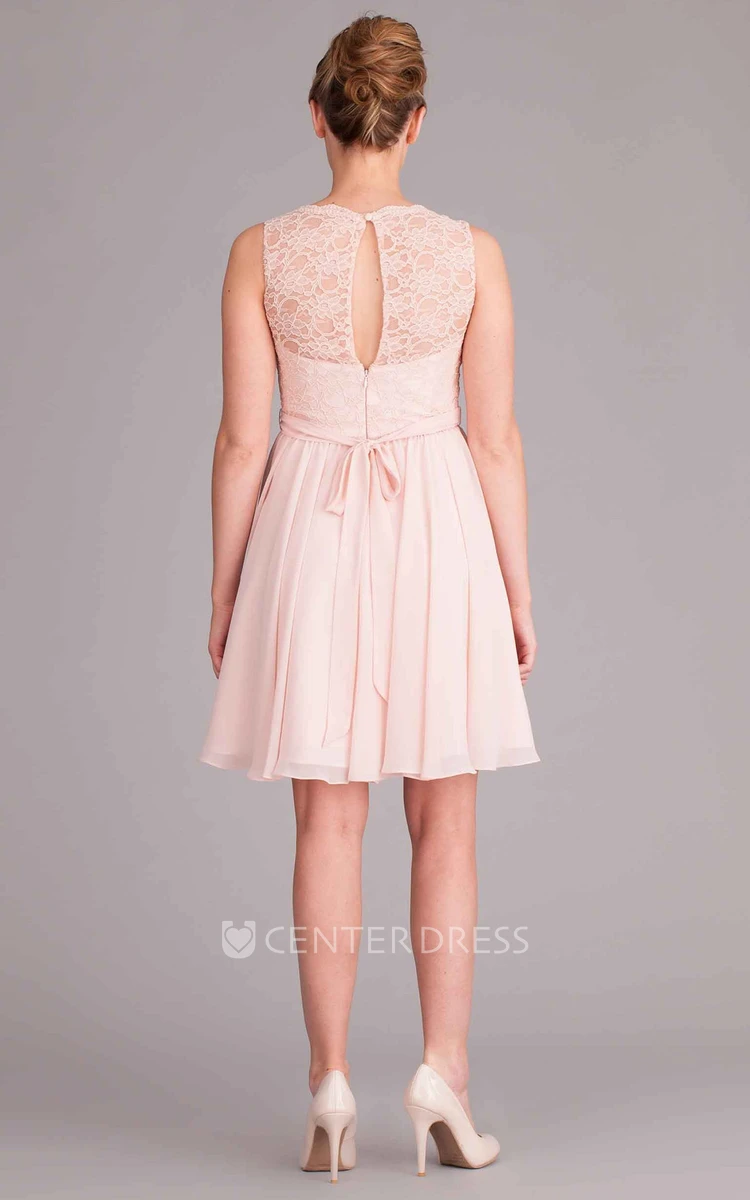 Mini V-Neck Lace Sleeveless Chiffon Bridesmaid Dress With Pleats
