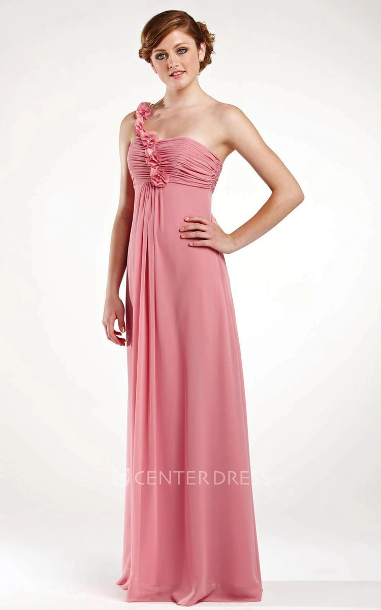Floral Empire Sleeveless One-Shoulder Chiffon Bridesmaid Dress With Draping