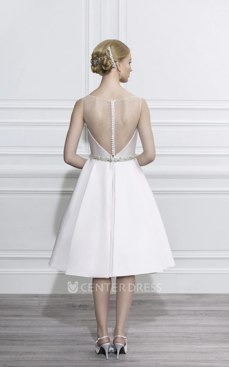 Scoop Midi Jeweled Satin Wedding Dress With Illusion
