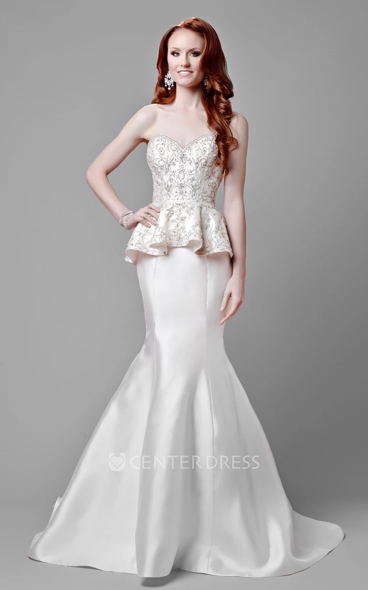 Mermaid Satin Sweetheart Bridal Wedding Dress With Metallic Peplum