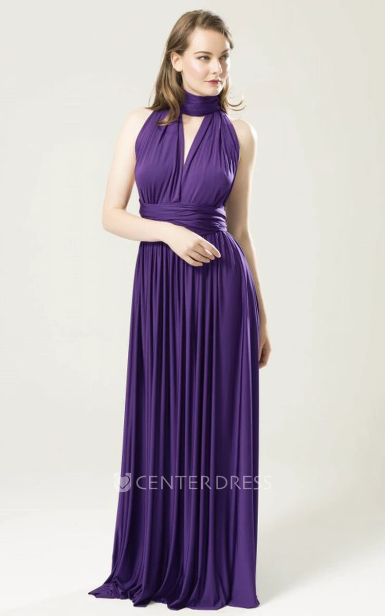 Casual Convertible Halter Neckline Jersey Bridesmaid Dress With Cross Back And Pleats