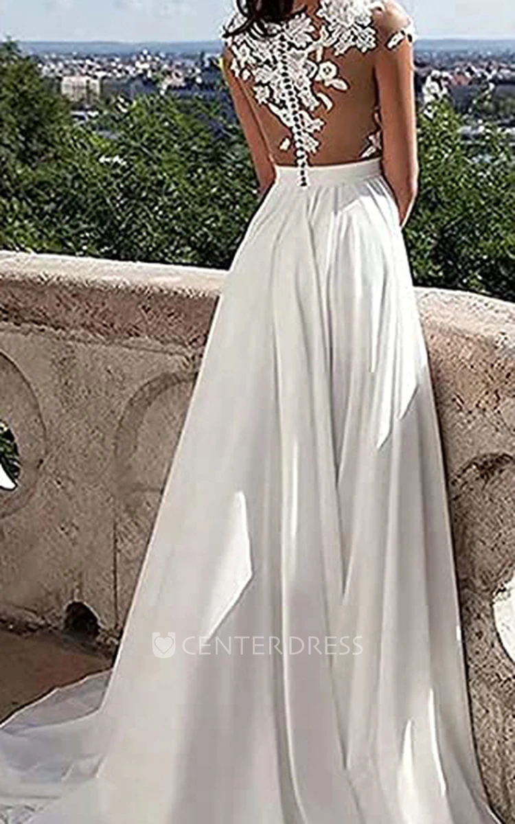 Romantic A-Line Jersey Wedding Dress with V-Neckline and Illusion Sleeves Beach Wedding Dress