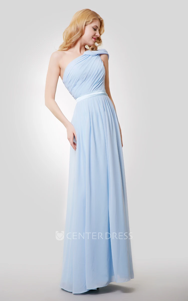 One-Shoulder Ruched Floor Length A-Line Chiffon Dress With Satin Sash