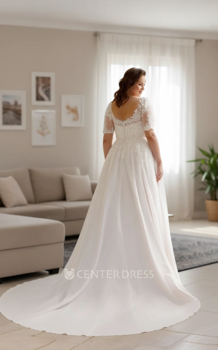 A-line Plus Size Deep V-Neck Lace Bridal Gown Elegant Half Sleeves Flowy Chiffon Bridal Gown
