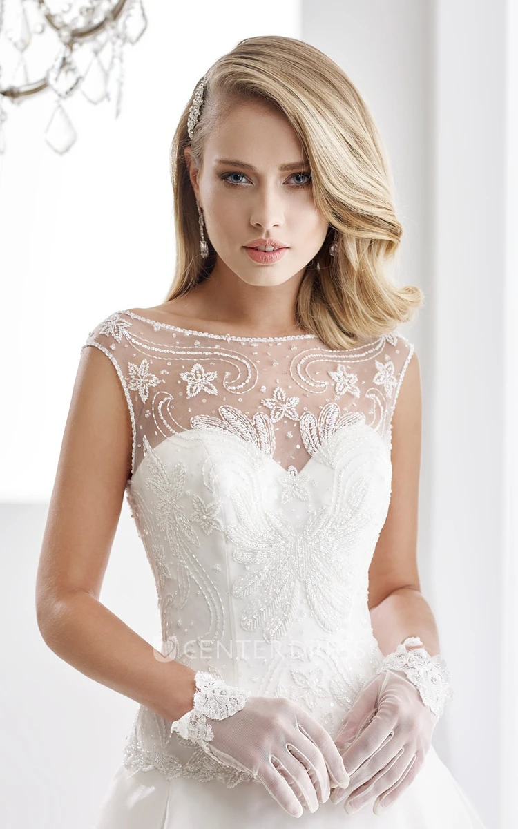 Cap Sleeve A-Line Stain Bridal Gown With Lace Bodice And Illusive Design
