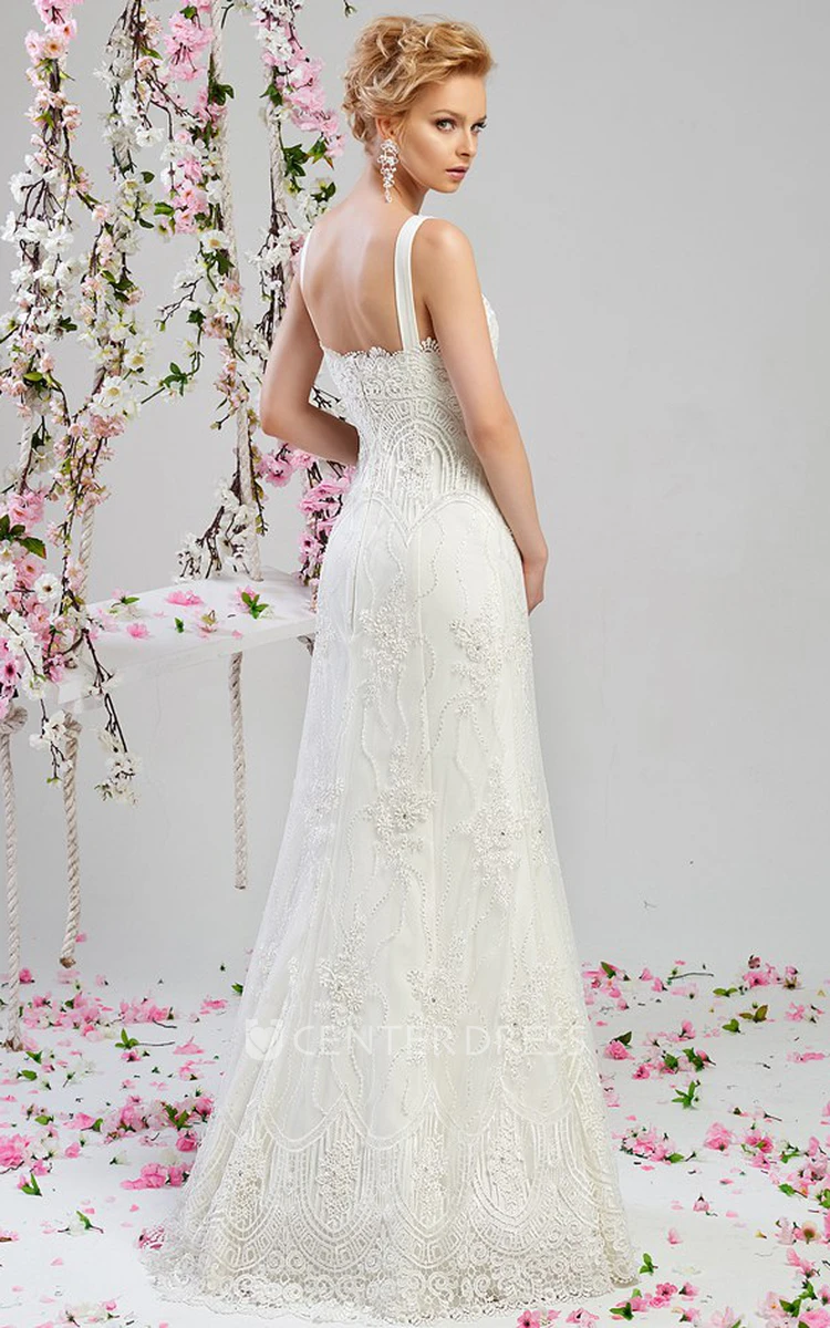 A-Line Floor-Length V-Neck Beaded Sleeveless Lace Wedding Dress