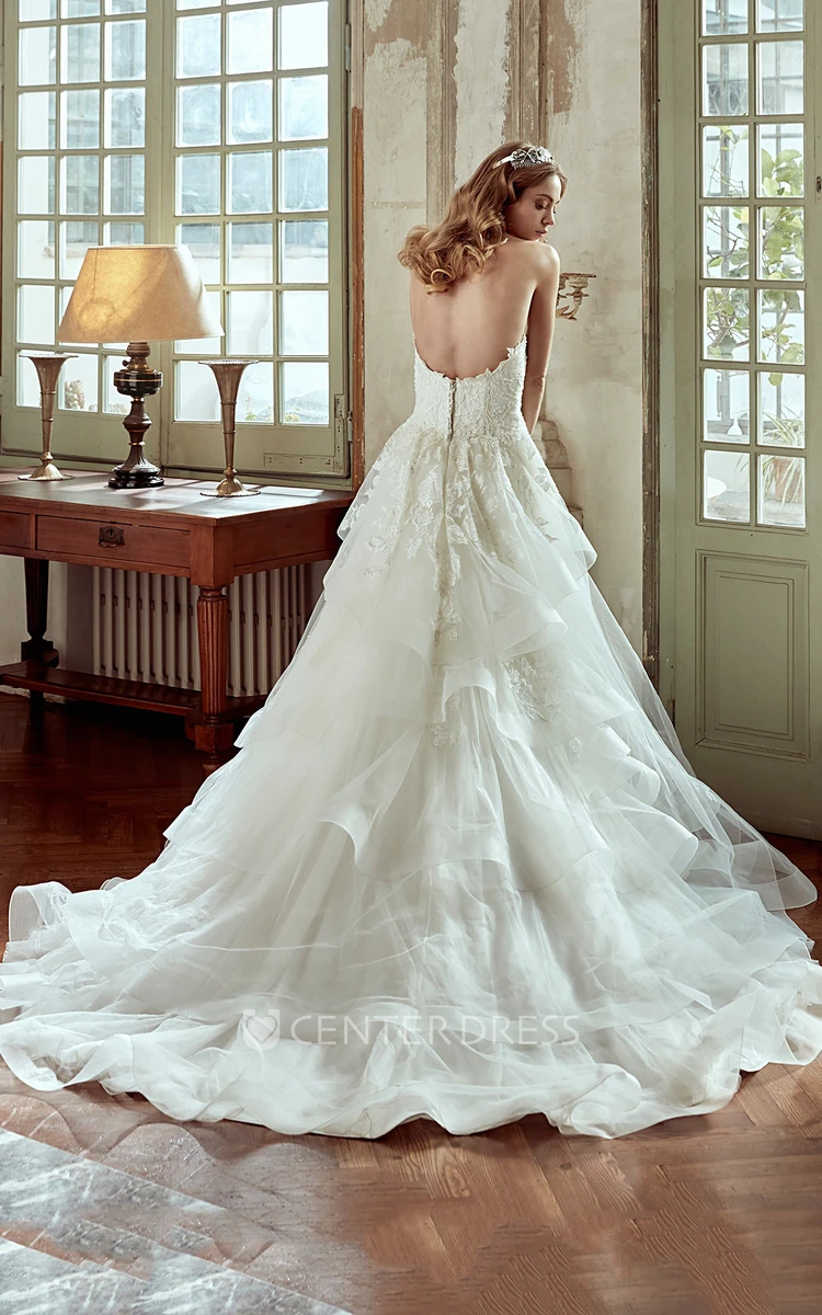 Strapless A-Line Wedding Dress with Lace Embroidered Bodice and Multi-layer Tulle Skirt 