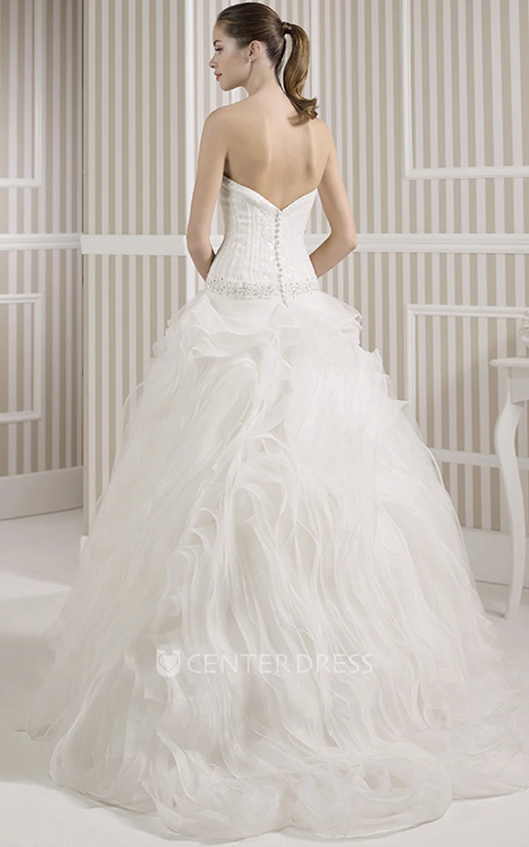 A-Line Sweetheart Maxi Beaded Tulle Wedding Dress With Ruffles And V Back