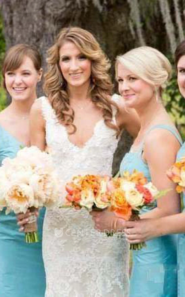 Sheath V-neck Lace Zipper Low-V Back Wedding Dress