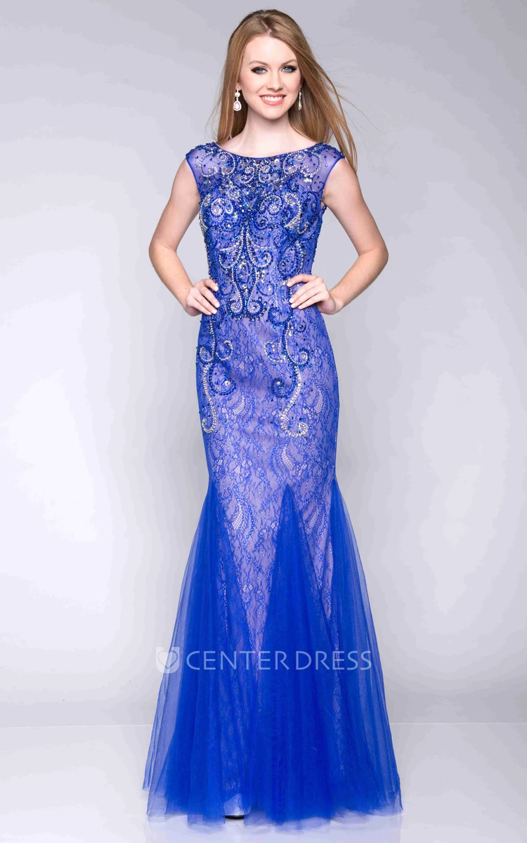 Cap Sleeve Bateau Neck Lace Mermaid Prom Dress With Tulle Skirt