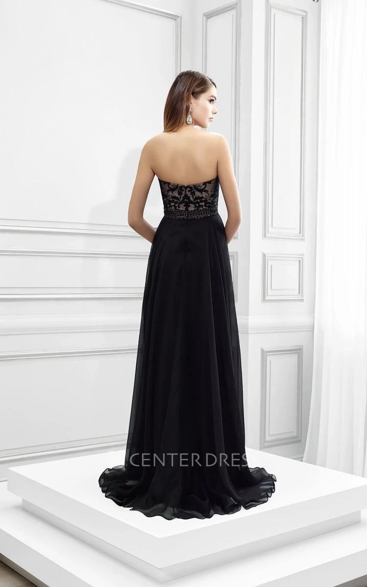 Appliqued Strapless Chiffon Prom Dress With Beading And Waist Jewellery