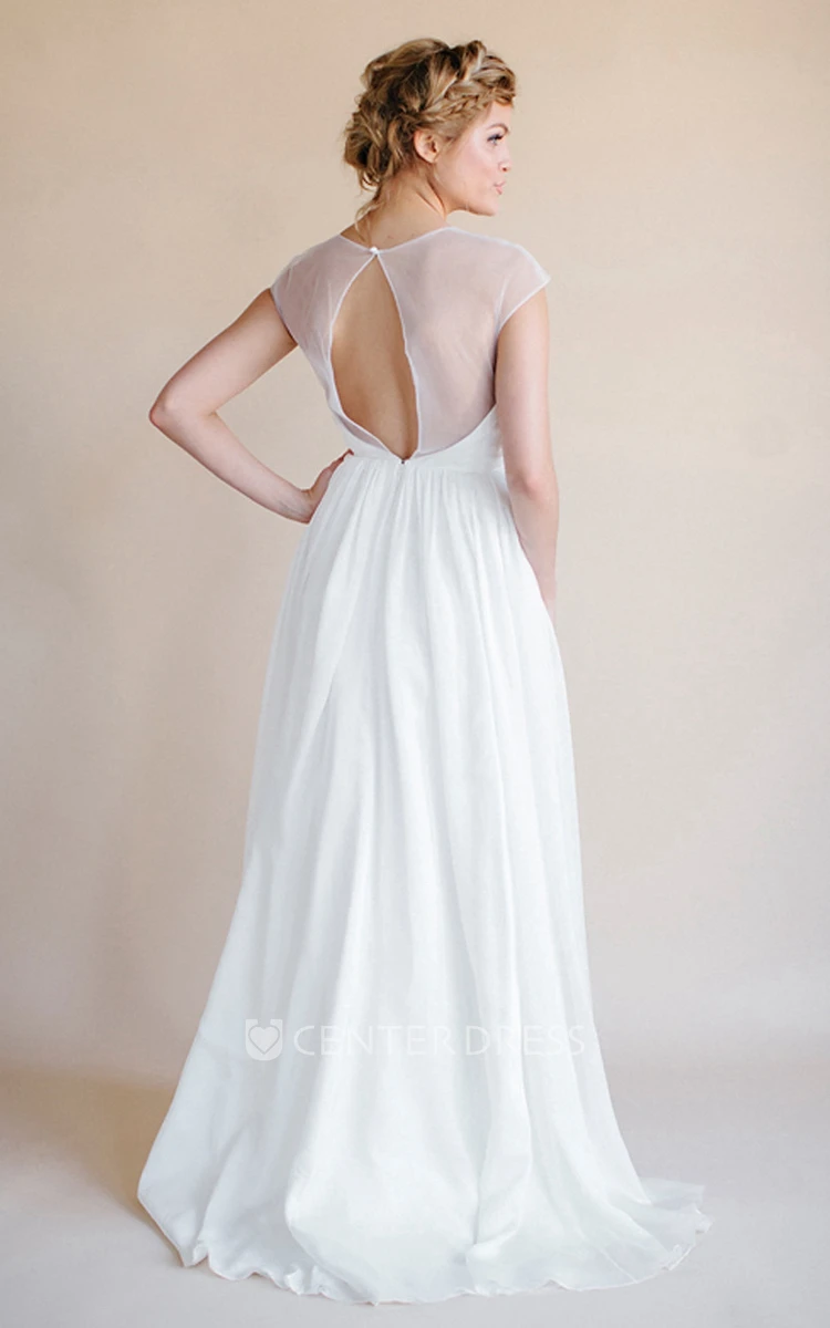 Sheath Empire Scoop-Neck Short-Sleeve Long Chiffon Wedding Dress With Keyhole
