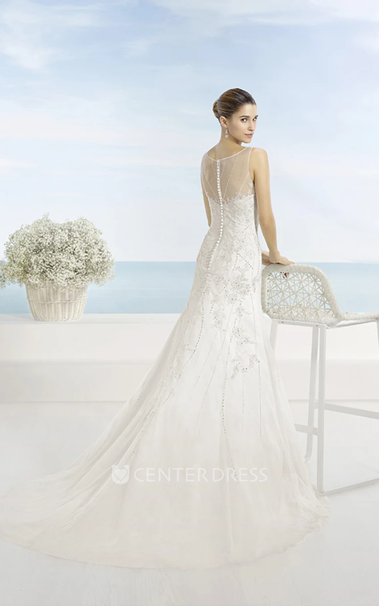 A-Line Beaded V-Neck Floor-Length Sleeveless Satin Wedding Dress With Pleats And Illusion Back