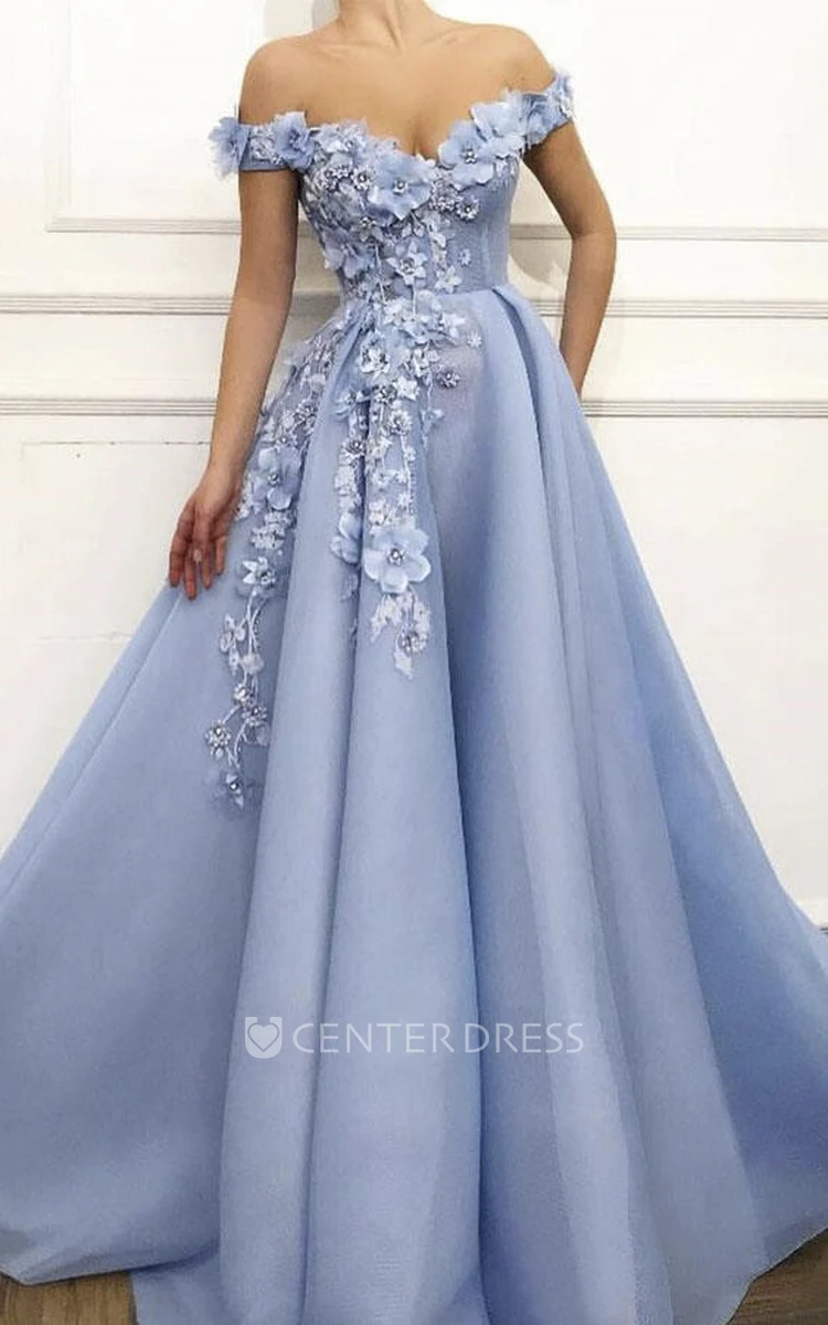 Ethereal Off-the-shoulder Ball Gown Dress With Floral Appliques And Beading