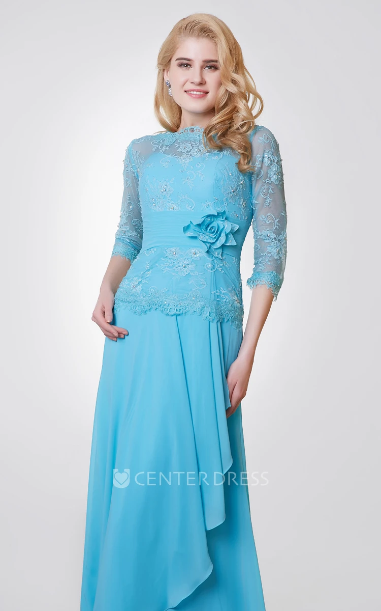 3 4 Length Sleeve Long Chiffon and Lace Dress With Side Draping