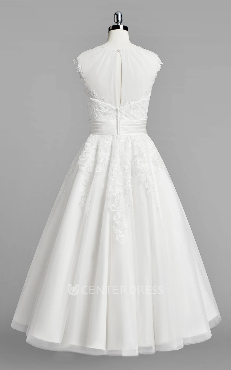 Jewel Neck Cap Sleeve A-Line Lace Wedding Dress With Ruched Belt