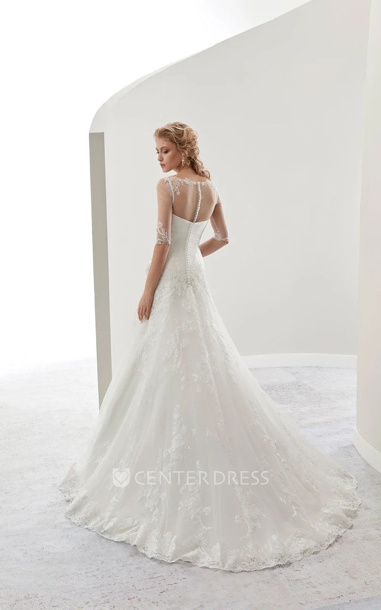 Illusion Half-sleeve Bridal Gown with Beaded Flower Embellishment and Jewel Neck