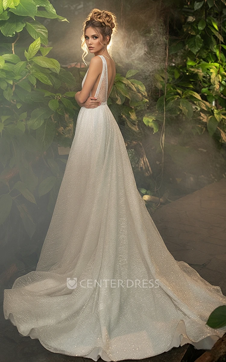 Sparkly Beach A-Line Wedding Dress Sleeveless Deep-V Neckline Informal Gown