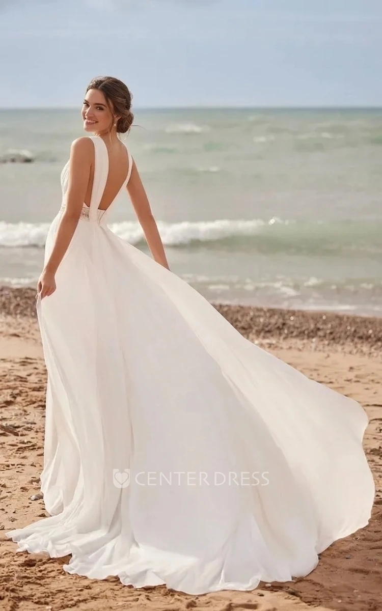 Simple Elegant Chiffon Lace A-Line Plunging Neckline Spring Wedding Dress Solid Chic Ethereal Floor-length Backless Sleeveless Bridal Gown with Train